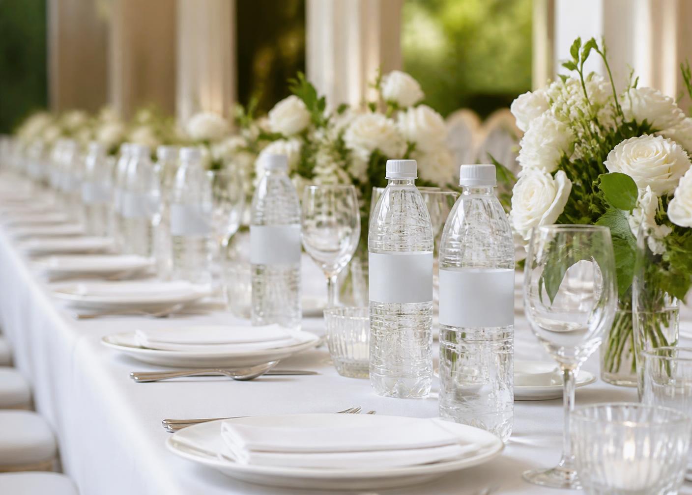 Bottled drinking water arranged on an elegant wedding banquet table